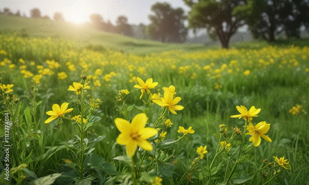 Aromatic yellow rape flowers blooming in a lush green meadow, aromatic, meadow Aromatic yellow rape flowers blooming in a lush green meadow, aromatic, meadow