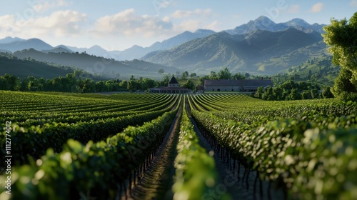 A lush green vineyard with a large house in the background