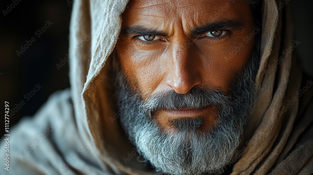 biblical character close up portrait of a serious man with a beard and shawl looking at camera biblical character close up portrait of a serious man with a beard and shawl looking at camera