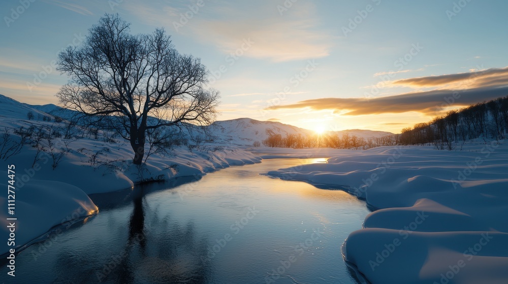 A tree stands in the middle of a frozen river A tree stands in the middle of a frozen river
