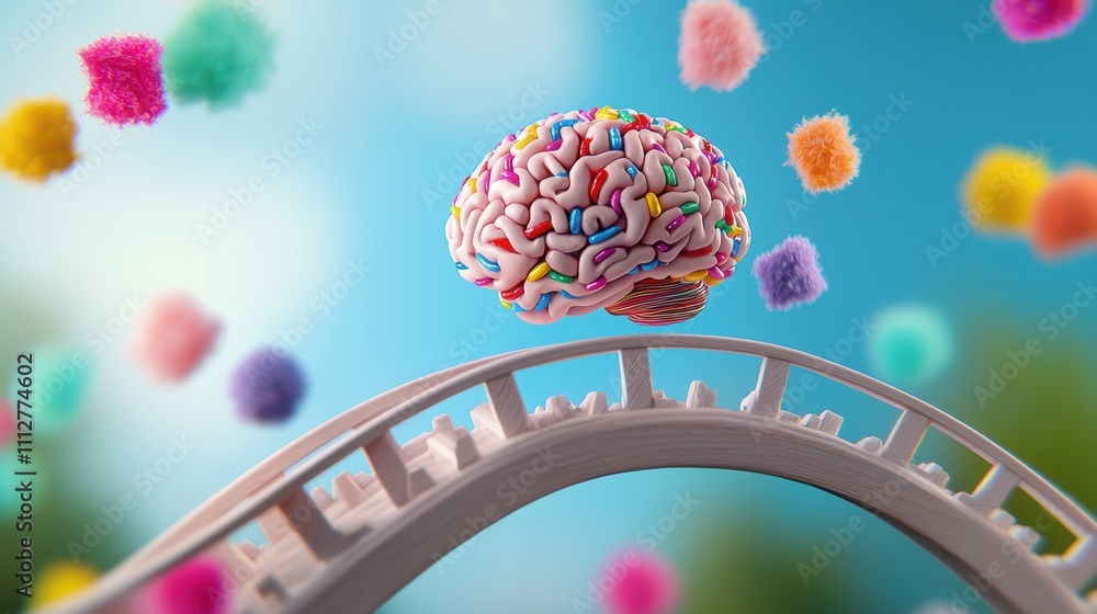 Fototapeta premium A joyful brain with a wide grin and sparkling eyes, riding a rollercoaster of vibrant colors, representing the thrills of creativity and new experiences.