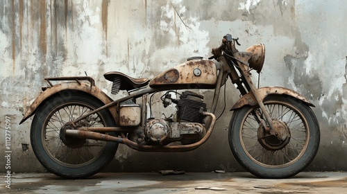 Rusty Vintage Motorcycle Against Weathered Wall