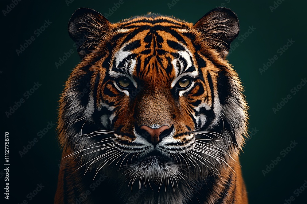 Naklejka premium Close-up portrait of a tiger against a dark green background