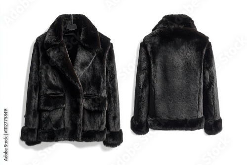 Black men's short faux fur jacket front and back views on white background, cruelty-free fashion for retail and branding photo