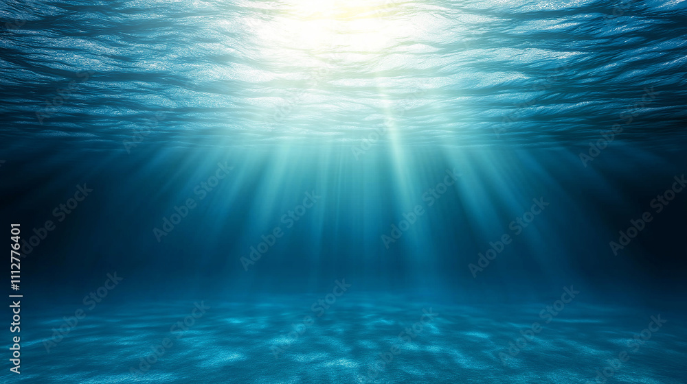 Underwater ocean surface with sunbeams shining through water surface