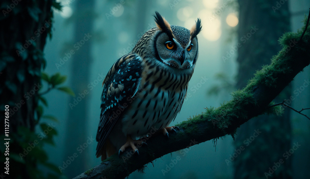 Owl perched on a branch in misty woods with glowing eyes, mystical nature photography Owl perched on a branch in misty woods with glowing eyes, mystical nature photography