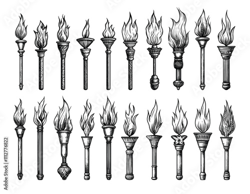 Engraving torches. Ancient lantern with fire and wooden stick, medieval torchlight signals flame light timber beacons, hand made black ink sketch isolated vectors
