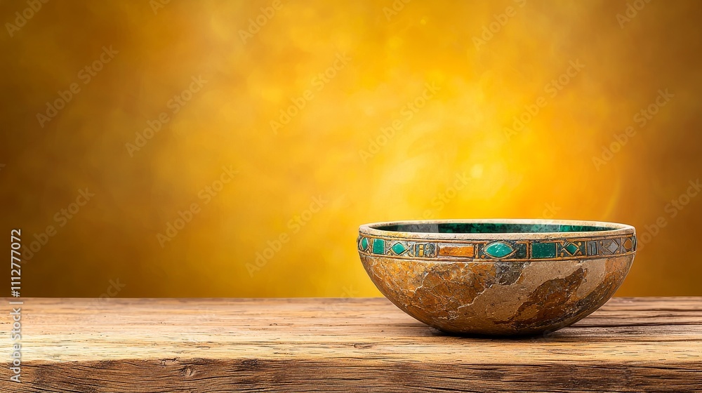 Elegant Stone Bowl on Rustic Wooden Table with Warm Background Glow Elegant Stone Bowl on Rustic Wooden Table with Warm Background Glow