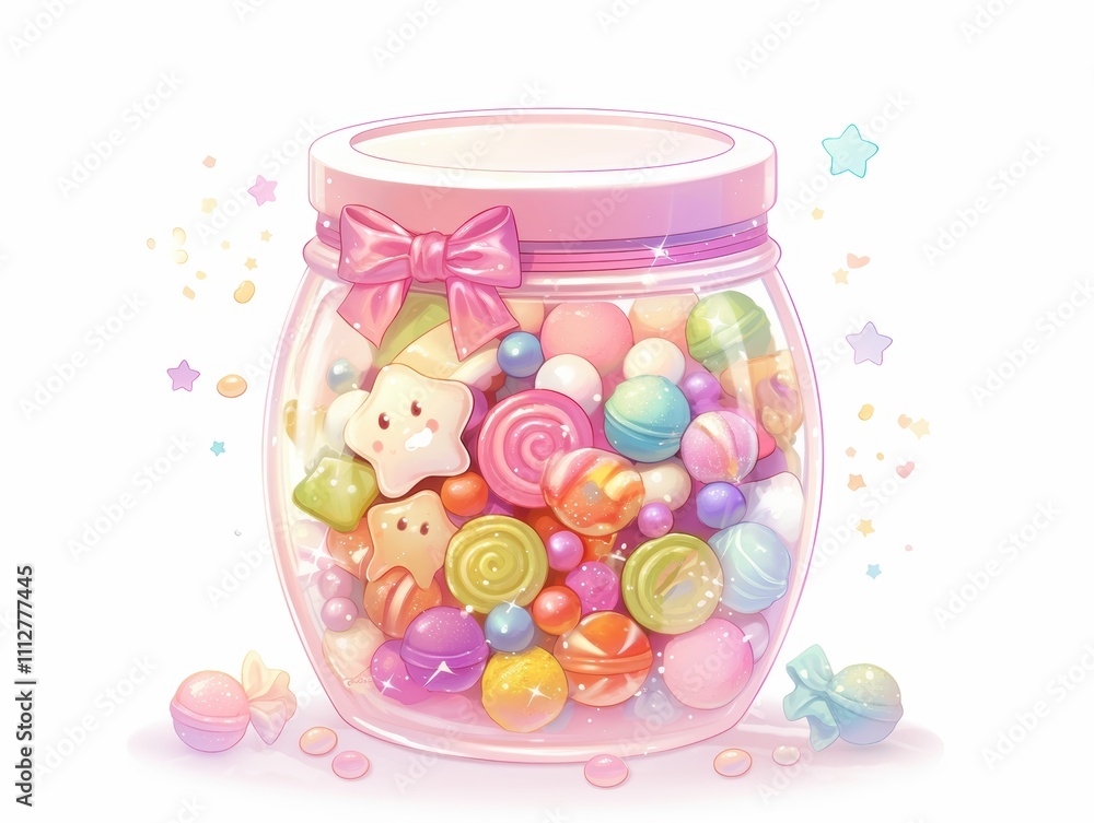 A colorful jar filled with various candies and sweets, decorated with a bow. A colorful jar filled with various candies and sweets, decorated with a bow.