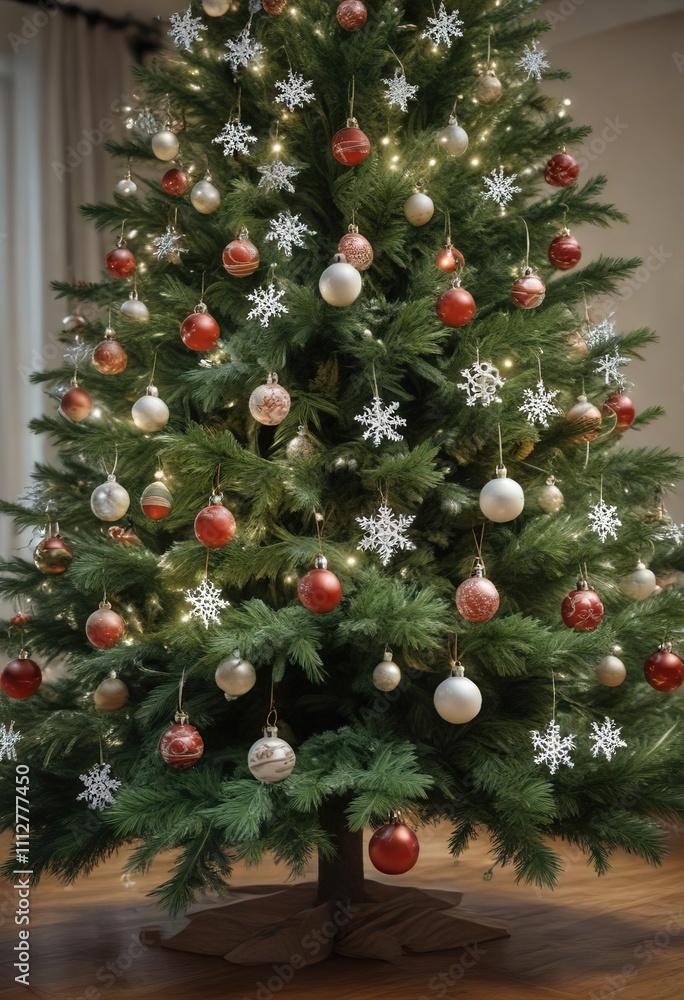 Evergreen Christmas tree with snowflakes and ornaments , snow, cold Evergreen Christmas tree with snowflakes and ornaments , snow, cold