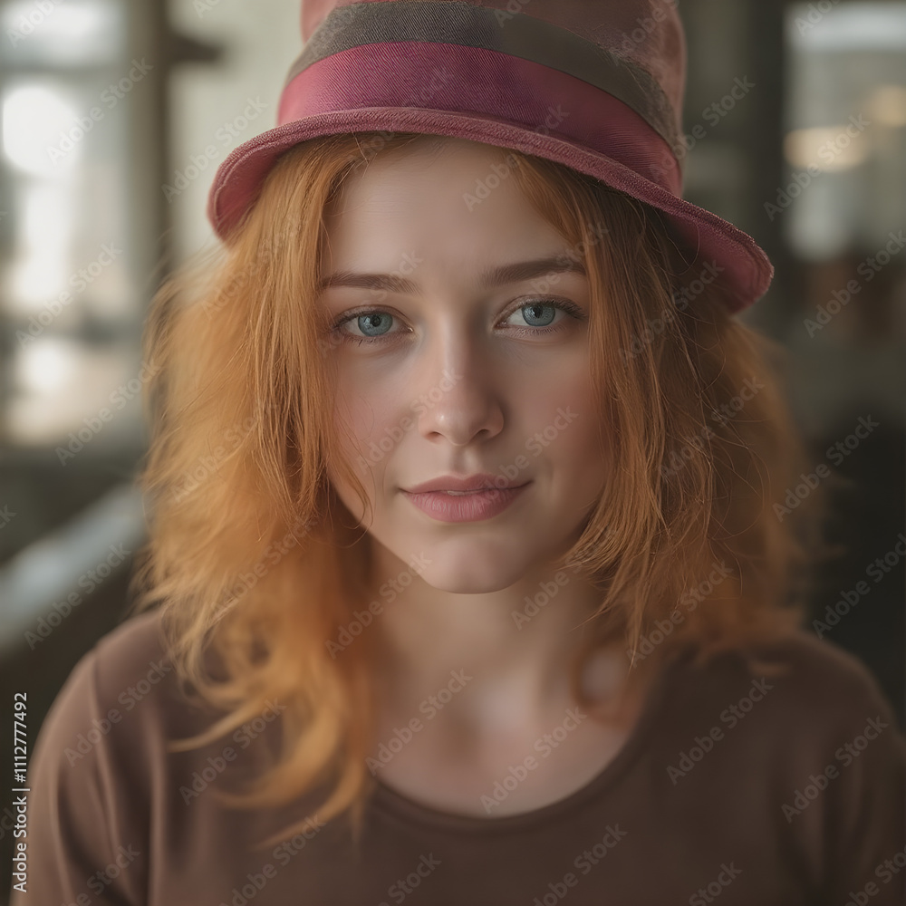 Hermosa pelirroja que luce un sombrero muy llamativo y hermoso Hermosa pelirroja que luce un sombrero muy llamativo y hermoso