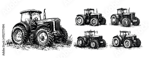 Engraving tractor. Countryside rural harvesting utility farm vehicle for field working, four willed farming agricultural machine, hand drawn monochrome sketches isolated vector