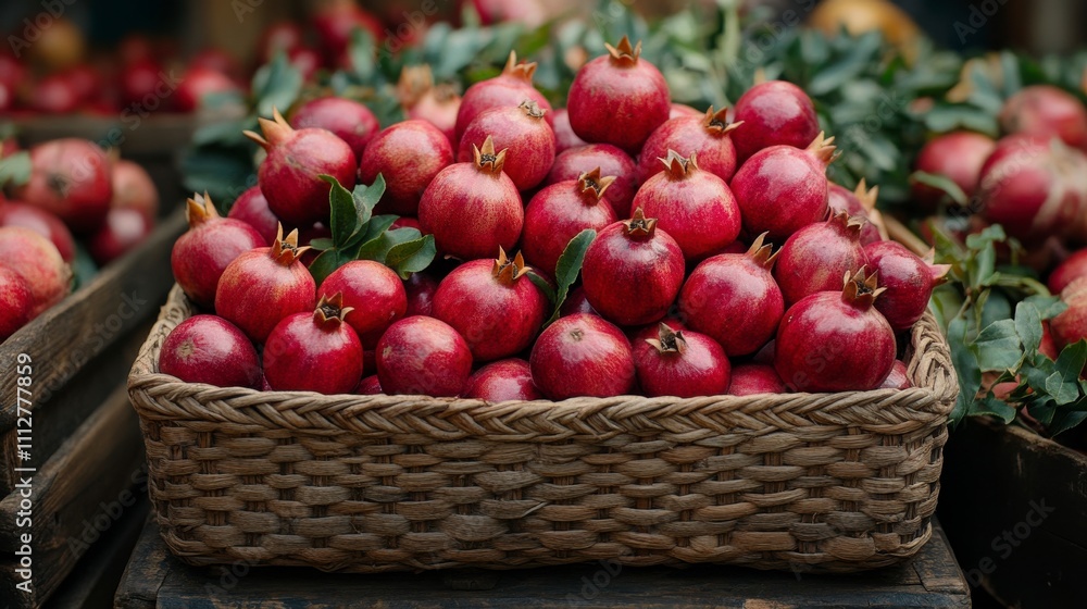 Abundant Pomegranates in a Rustic Basket - Freshly Harvested Fruits Abundant Pomegranates in a Rustic Basket - Freshly Harvested Fruits