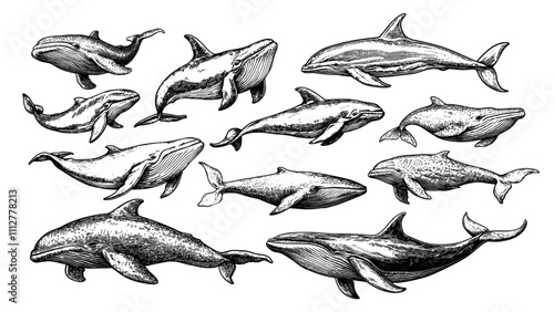 Engraving whales. Mammal ocean animal sea creature underwater marine orca big fish, monochrome black isolated vector illustrations
