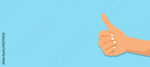 Closeup of male hand making thumbs up sign gesture on blue background. Positivity, approval, encouragement concept