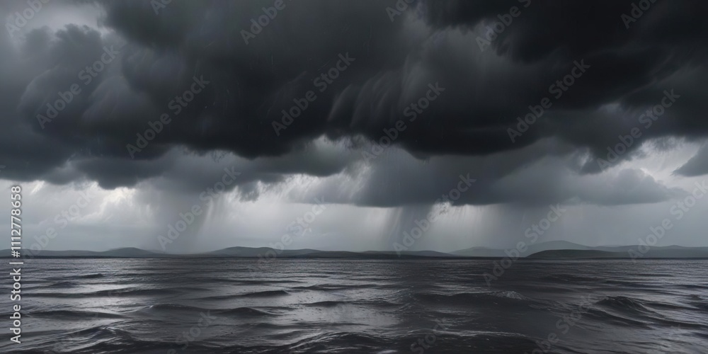 Obraz premium Heavy rain showers on a grey and overcast sky with dark clouds looming in the distance, nature, dark, stormy