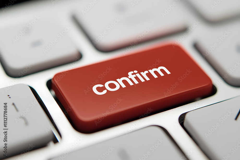 Close-up of a red button on a computer keyboard with the word ‘Confirm’ printed on it, symbolising confirmation of an action or decision in a digital interface Close-up of a red button on a computer keyboard with the word ‘Confirm’ printed on it, symbolising confirmation of an action or decision in a digital interface