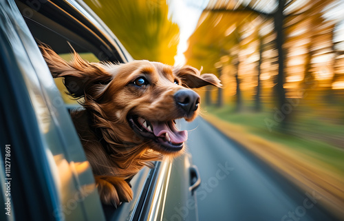 A funny image of a dog leaning out of a car window at high speed, with its face distorted by the wind, ears flapping back, and tongue sticking out.