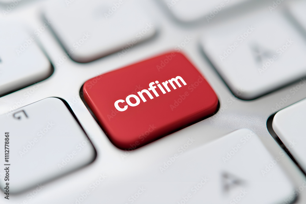 Close-up of a red button on a computer keyboard with the word ‘Confirm’ printed on it, symbolising confirmation of an action or decision in a digital interface Close-up of a red button on a computer keyboard with the word ‘Confirm’ printed on it, symbolising confirmation of an action or decision in a digital interface