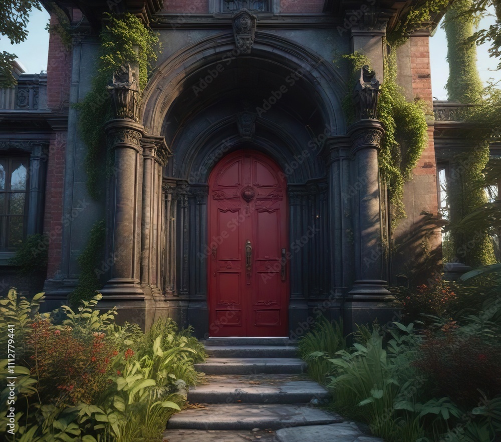 Fototapeta premium Moody mansion with a crimson-stained door and overgrown vegetation surrounding it in a Gothic-inspired setting, mysterious surroundings, gothic architecture, abandoned homes