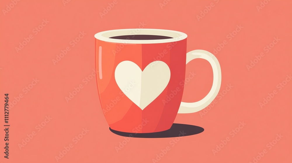 A red coffee mug with a white heart on the side and a brown liquid inside. A red coffee mug with a white heart on the side and a brown liquid inside.