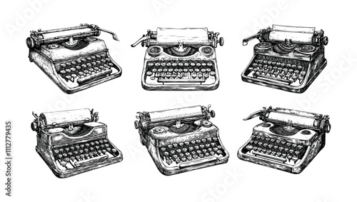 Engraving writer typewriter. Retro writing device for writers journalists or secretary and poets, script literature printing mechanical typer text machine, hand drawn vintage isolated vectors