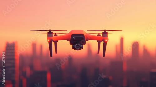 A vibrant drone hovers against a sunset backdrop, showcasing its sleek design and advanced technology over a city skyline.