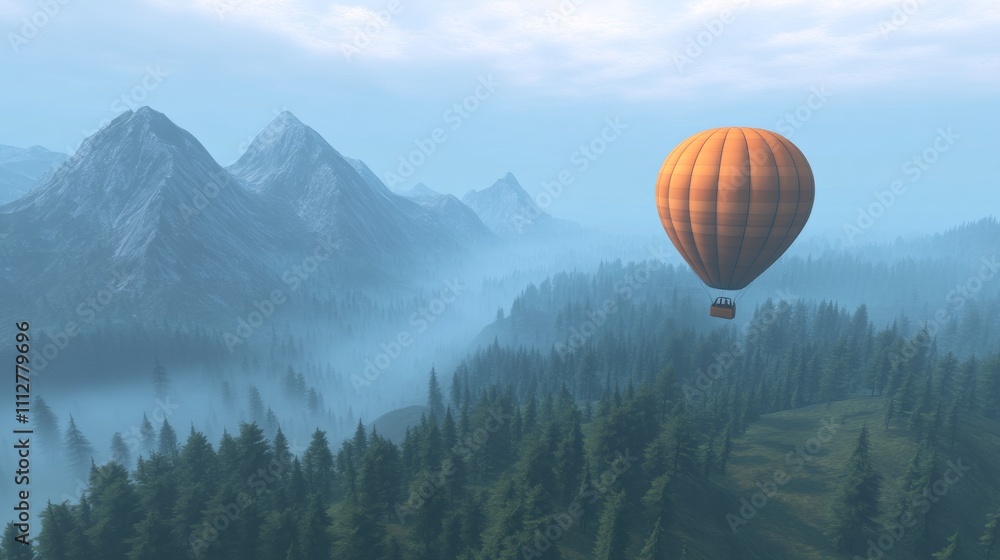 Obraz premium Hot air balloon over misty mountains. 3D dreamy landscape.