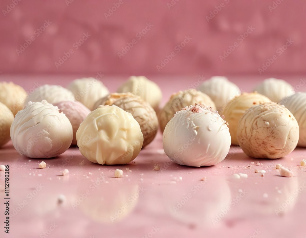 Selection of gourmet white chocolate truffles on pastel pink surface, event planner, wedding Selection of gourmet white chocolate truffles on pastel pink surface, event planner, wedding