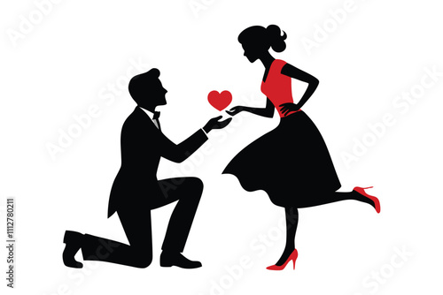 Romantic Valentine’s Day Proposal - Couple Silhouette with Heart and Engagement Ring Vector Design