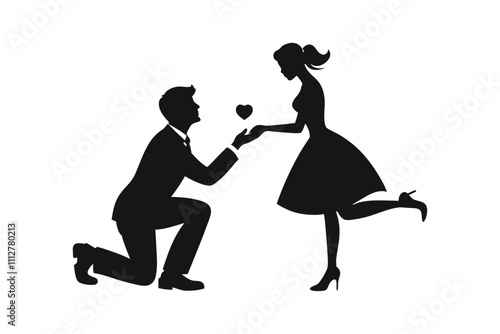 Romantic Valentine’s Day Proposal - Couple Silhouette with Heart and Engagement Ring Vector Design