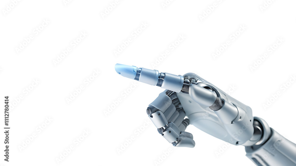 Robot hand pointing to a blue light on white background.AI GENERATED Robot hand pointing to a blue light on white background.AI GENERATED