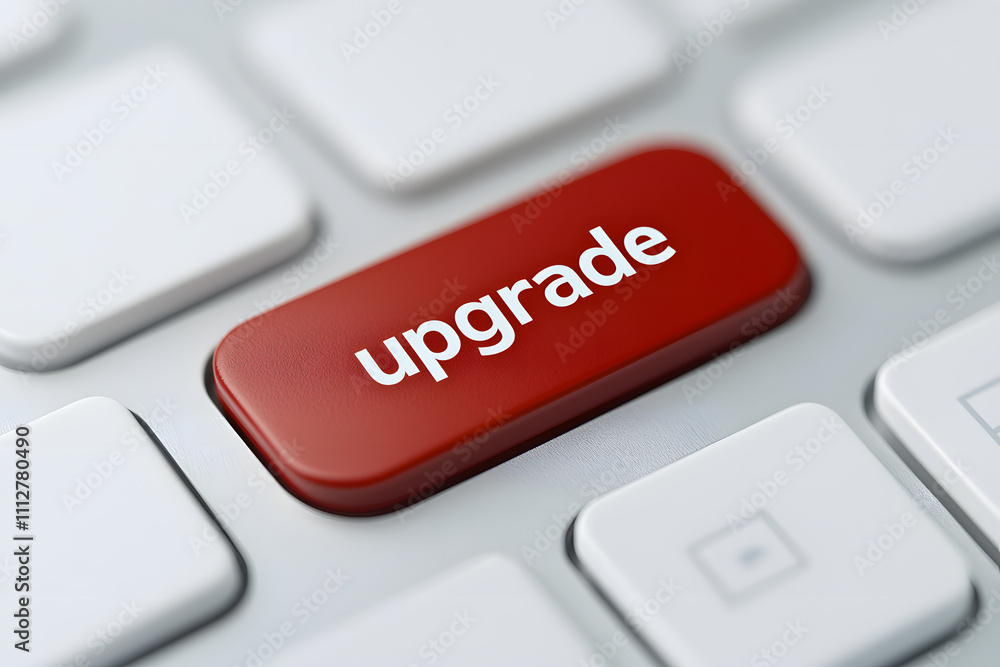 Close-up of a red button on a computer keyboard with the word ‘Upgrade’ printed on it, symbolising technology, progress, and the concept of improving or enhancing systems Close-up of a red button on a computer keyboard with the word ‘Upgrade’ printed on it, symbolising technology, progress, and the concept of improving or enhancing systems