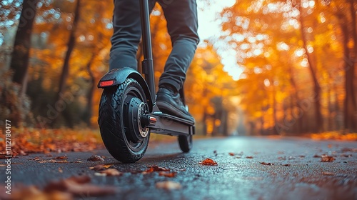 close up of man riding black electric kick scooter at beautiful park landscap