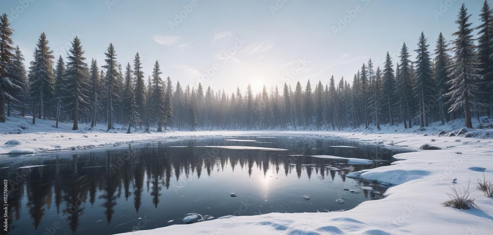Snowy forest with a frozen lake in the background, snow covered trees, winter landscape, frozen lake Snowy forest with a frozen lake in the background, snow covered trees, winter landscape, frozen lake