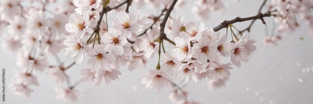 Soft white background covered in delicate cherry blossoms and petals, zen, nature, beauty, flowers, decoration Soft white background covered in delicate cherry blossoms and petals, zen, nature, beauty, flowers, decoration