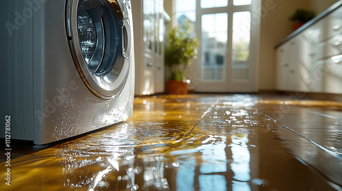 Water pooling on wooden floor near washing machine in a bright kitchen during daylight. Generative AI photo