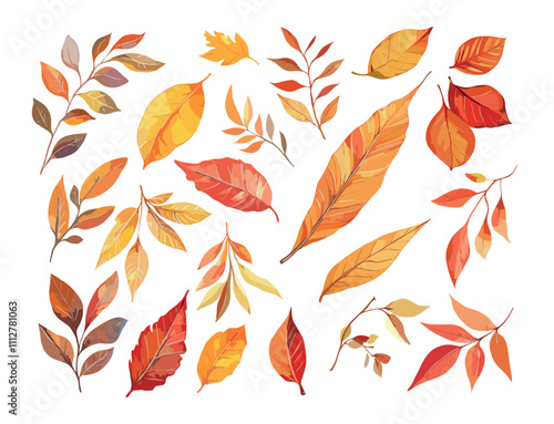 Watercolor autumn leaves. Orange falling foliage seasons changes, crisp leaf drop seasonal shift isolated vector illustrations on white background