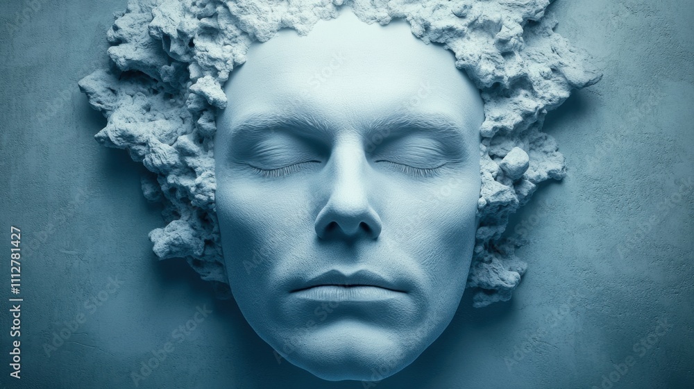 Sculpted face with textured hair emerges from a monochromatic blue background, AI Sculpted face with textured hair emerges from a monochromatic blue background, AI