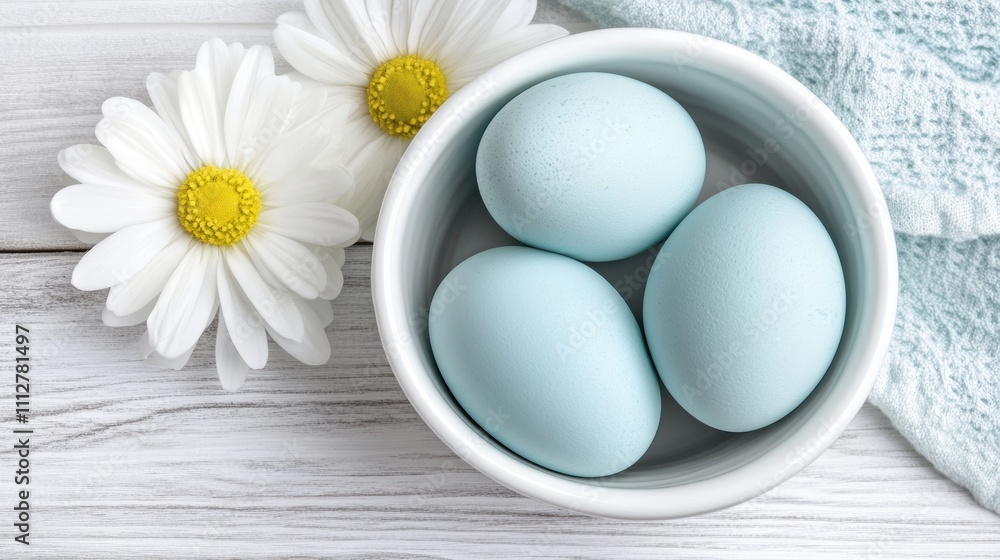 Soft blue eggs in a white bowl beside daisies on a wooden surface, AI Soft blue eggs in a white bowl beside daisies on a wooden surface, AI