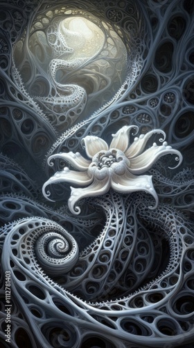 Wallpaper Mural Intricate white flower amidst swirling fractal patterns in a dreamlike setting, AI Torontodigital.ca