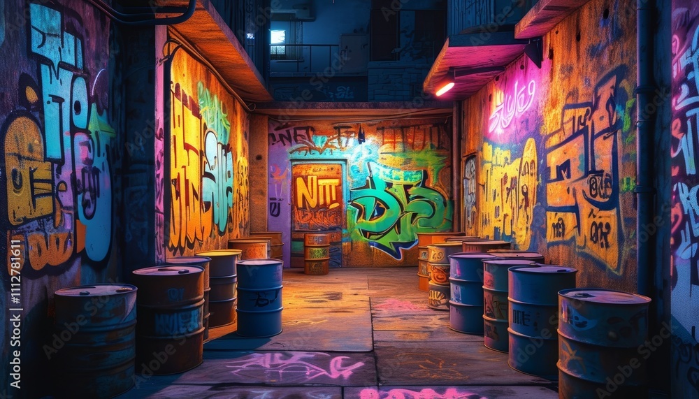 A walls of an old building in courtyard covered with colorful abstract graffiti. Creative Street Art. A walls of an old building in courtyard covered with colorful abstract graffiti. Creative Street Art.