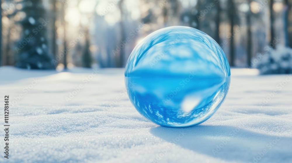 A blue glass sphere rests on a snowy landscape, reflecting the serene winter scenery, AI A blue glass sphere rests on a snowy landscape, reflecting the serene winter scenery, AI