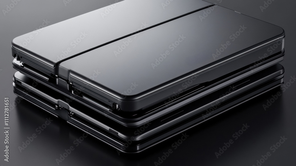Sleek stack of modern foldable smartphones on a dark surface, AI Sleek stack of modern foldable smartphones on a dark surface, AI