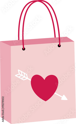 Valentine shopping paper bag flat vector illustration.
Valentine's Day gift bag icon.
Transparent background.