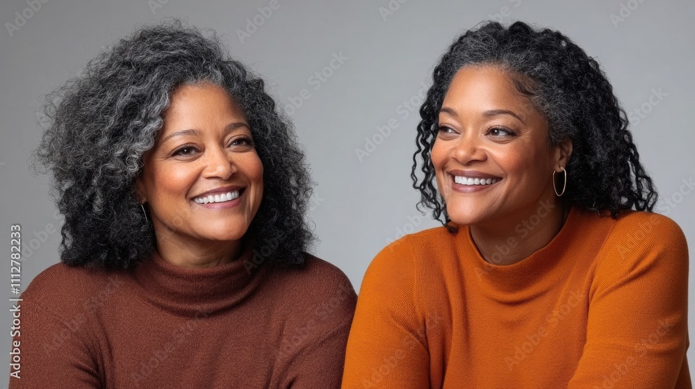 Two Black women with curly gray hair share a joyful moment in matching sweaters, AI Two Black women with curly gray hair share a joyful moment in matching sweaters, AI
