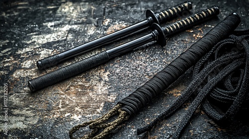 Black martial arts weapons on dark textured surface. photo