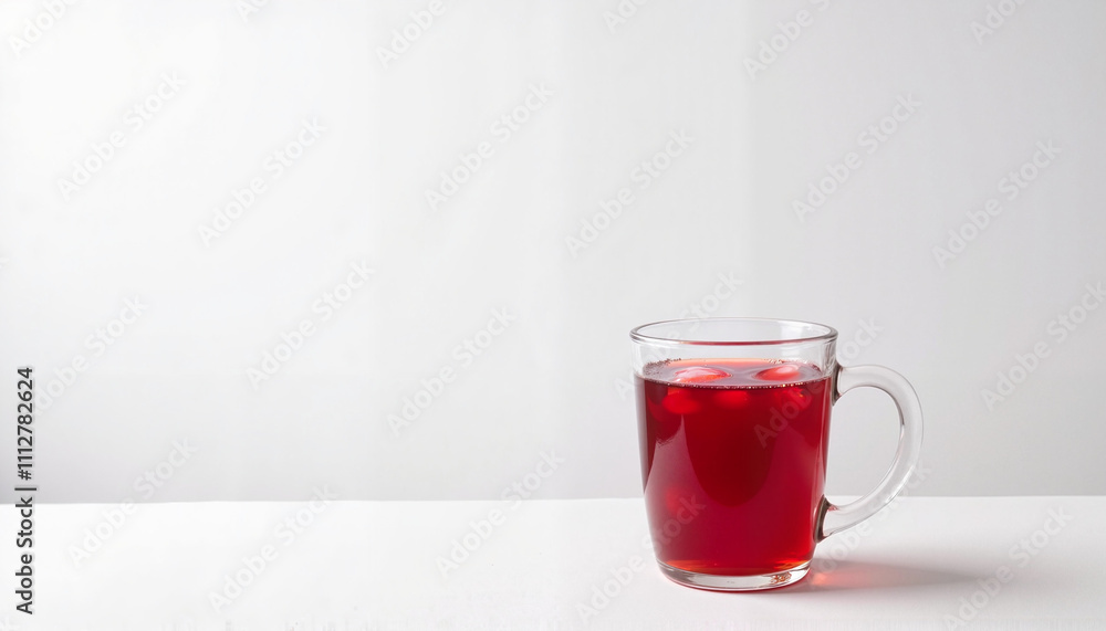 Vibrant red berry drink with ice in a clear mug on a light background with copy space Vibrant red berry drink with ice in a clear mug on a light background with copy space