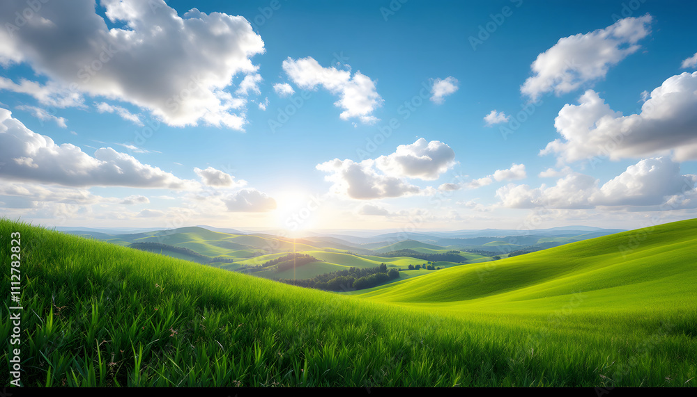 Fototapeta premium Green Hills with Blue Sky and White Clouds, Peaceful Nature Landscape of Rolling Meadows