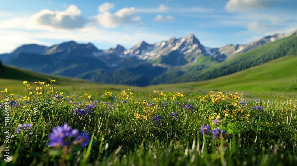 Obraz premium A beautiful, lush green field with a mountain range in the background
